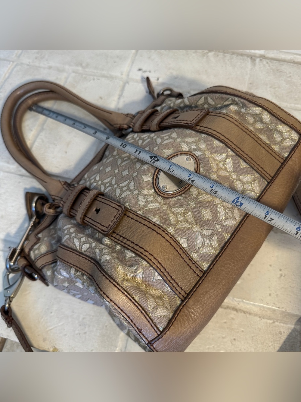 Fossil Vintage Jacquard Canvas Satchel Crossbody Bag w Leather Trim & Key Charm - Picture 13 of 14